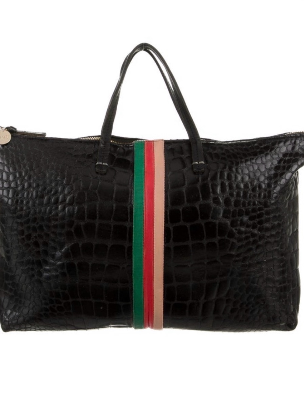 Clare V - Black Croc-Embossed Tote with Green and Pink Center Stripe